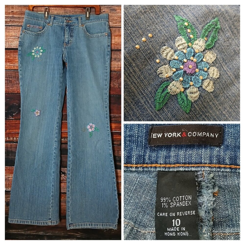 New York & Company Jeans 10 Vintage Floral Embroidered Mid Rise Boot Cut Denim